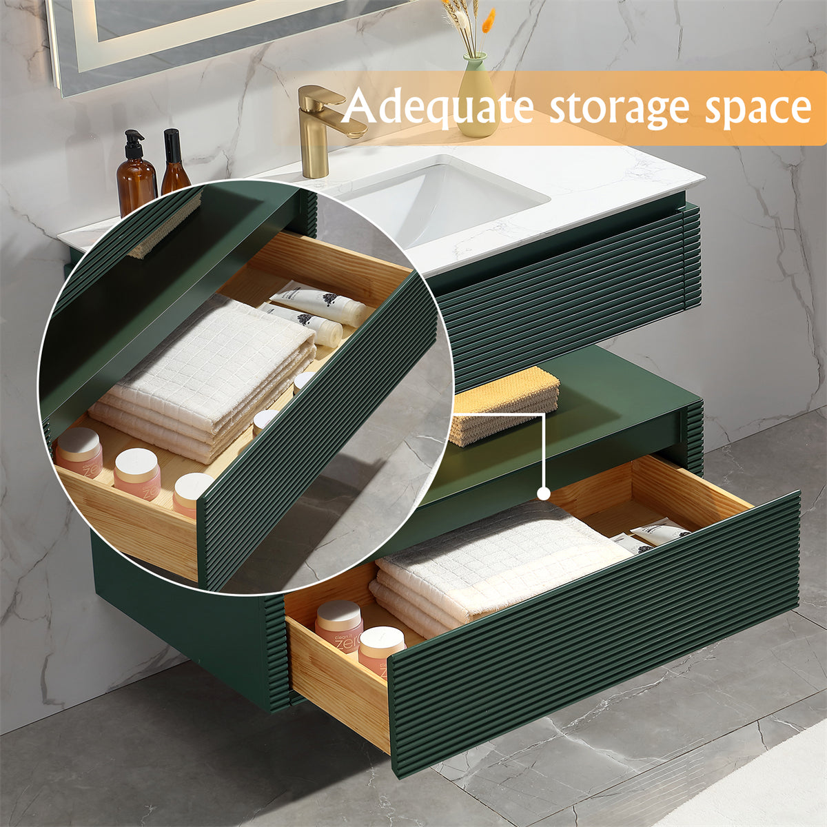 36" Floating Bathroom Vanity Set in Green with Lights and White Marble Countertop