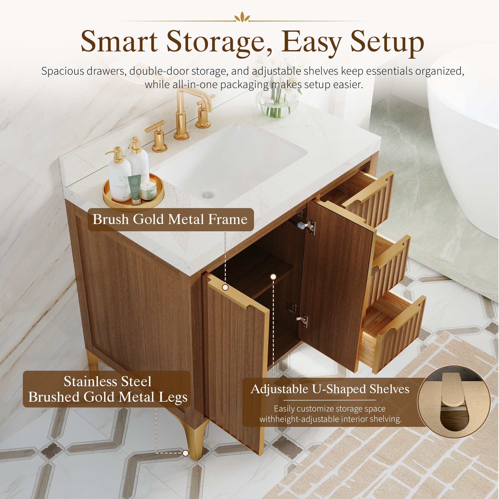 36 Inch Luxury Solid Oak Bathroom Vanity with Calacatta Quartz Countertop & 3 Dovetail Drawers and 2 Soft-close Doors