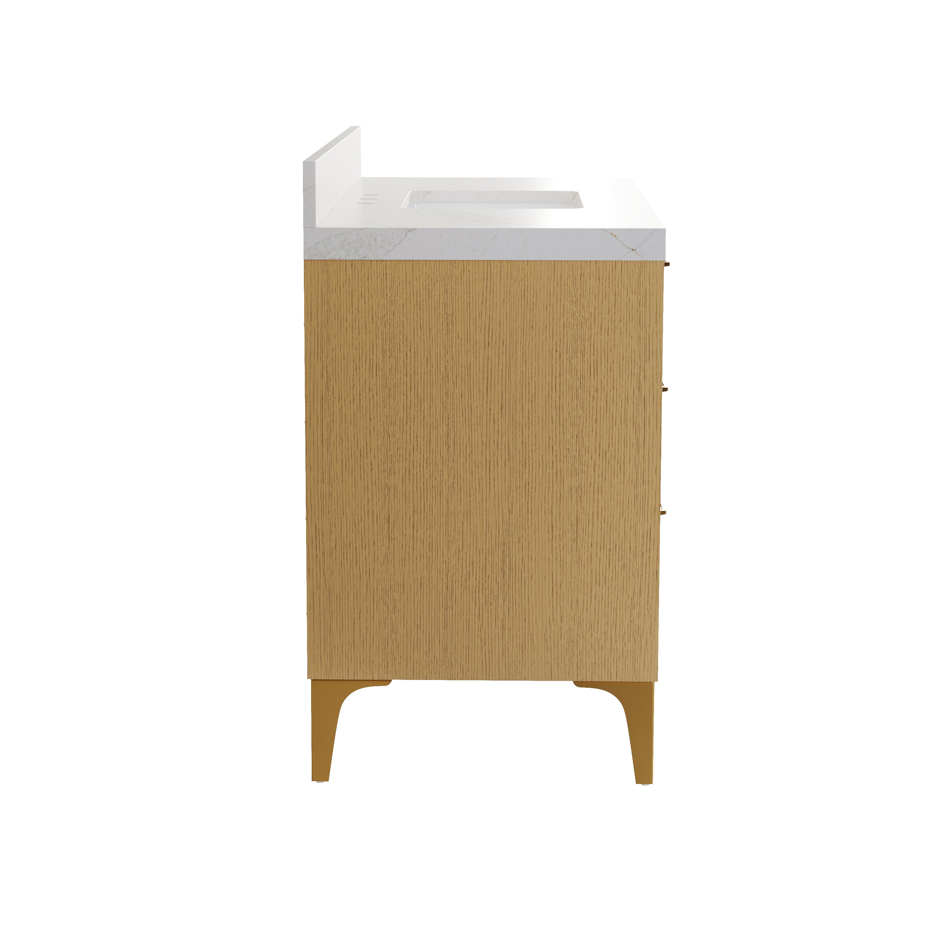 48 Inch Modern Solid Oak Bathroom Vanity with Calacatta Quartz Countertop, 6 Fluted Drawers & Brushed Gold Legs