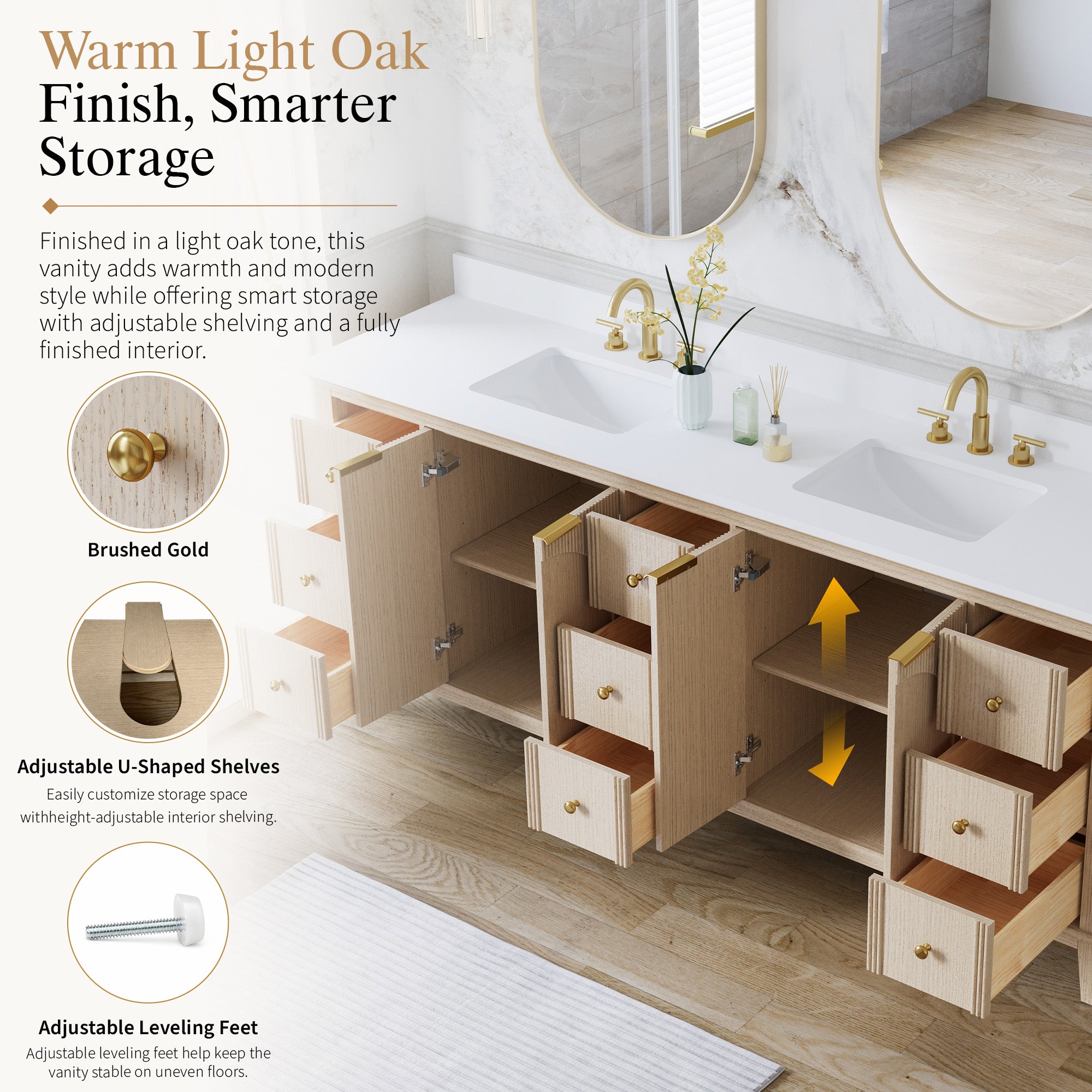 84 Inch Modern Light Oak Solid Wood Bathroom Vanity with White Quartz Countertop & 9 Soft-Close Drawers