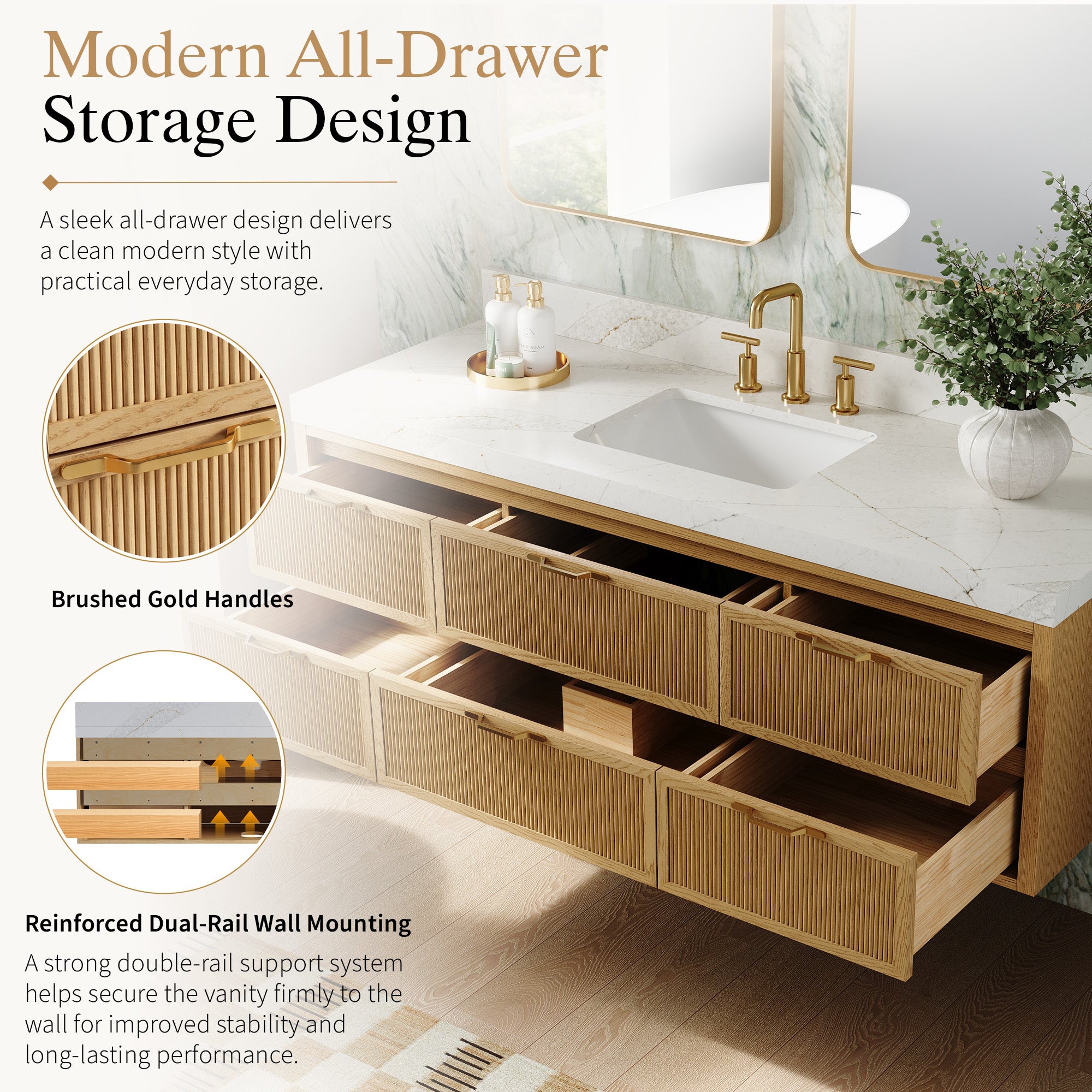 60-Inch Solid Oak Floating Bathroom Vanity with Calacatta Quartz Countertop, 6 Soft-Close Fluted Drawers