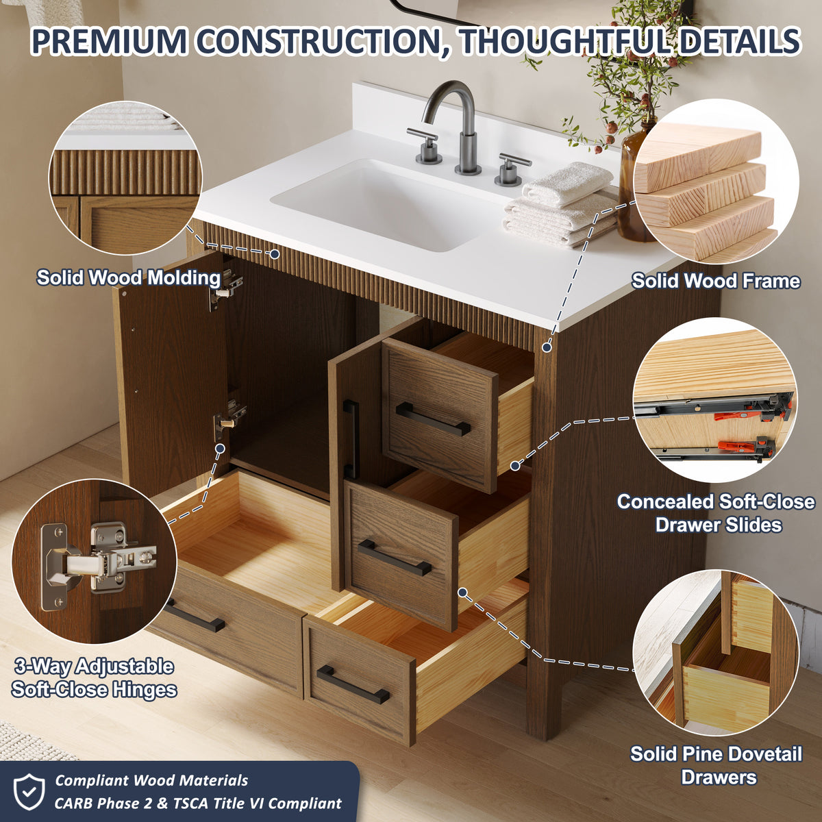 42 Inch Freestanding Solid Wood Bathroom Vanity with Fluted Molding, Pure White Quartz Countertop, Walnut