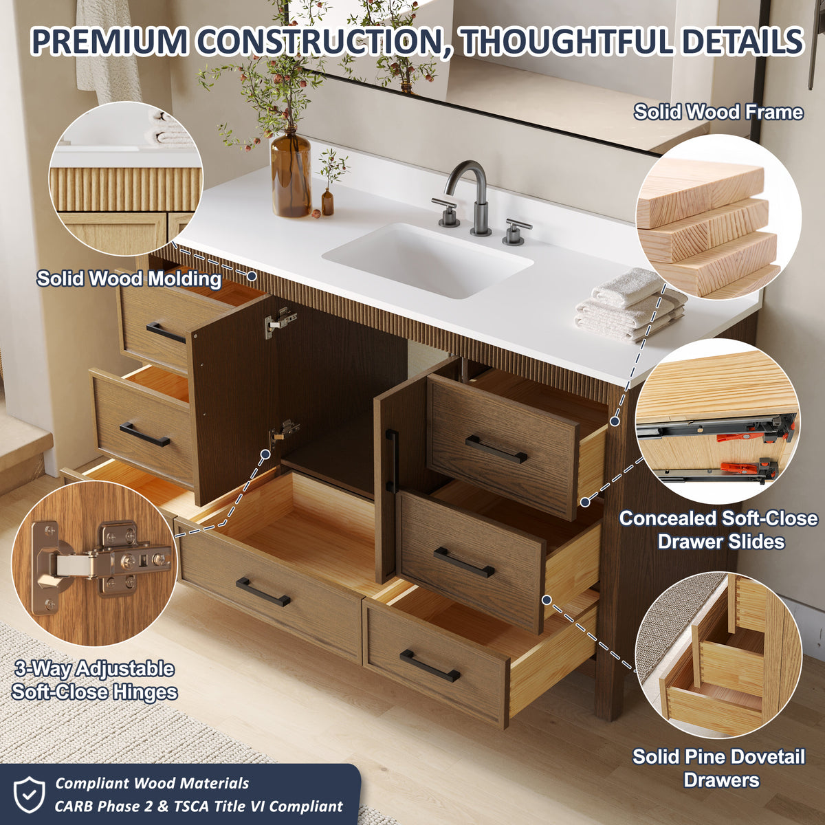 60 Inch Freestanding Solid Wood Bathroom Vanity with Pure White Quartz Countertop, 2 Soft-Close Doors & 7 Dovetail Drawers, Walnut
