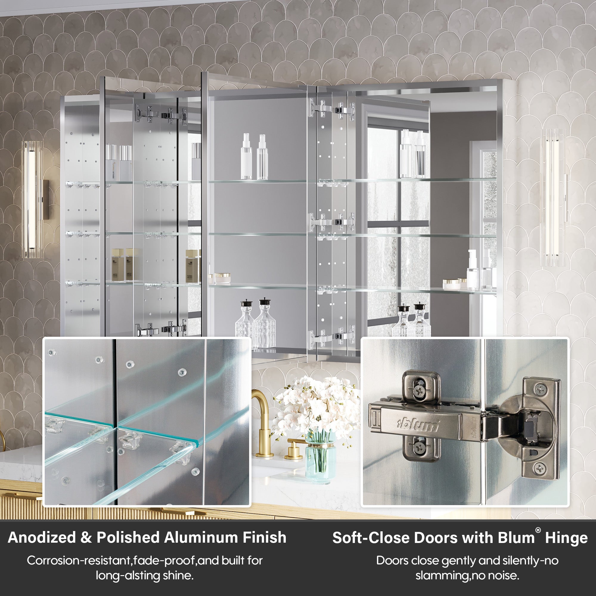 60 in.×32 in.H Copper-Free Mirror Medicine Cabinet with Soft-Close Blum® Hinges and 3 Doors