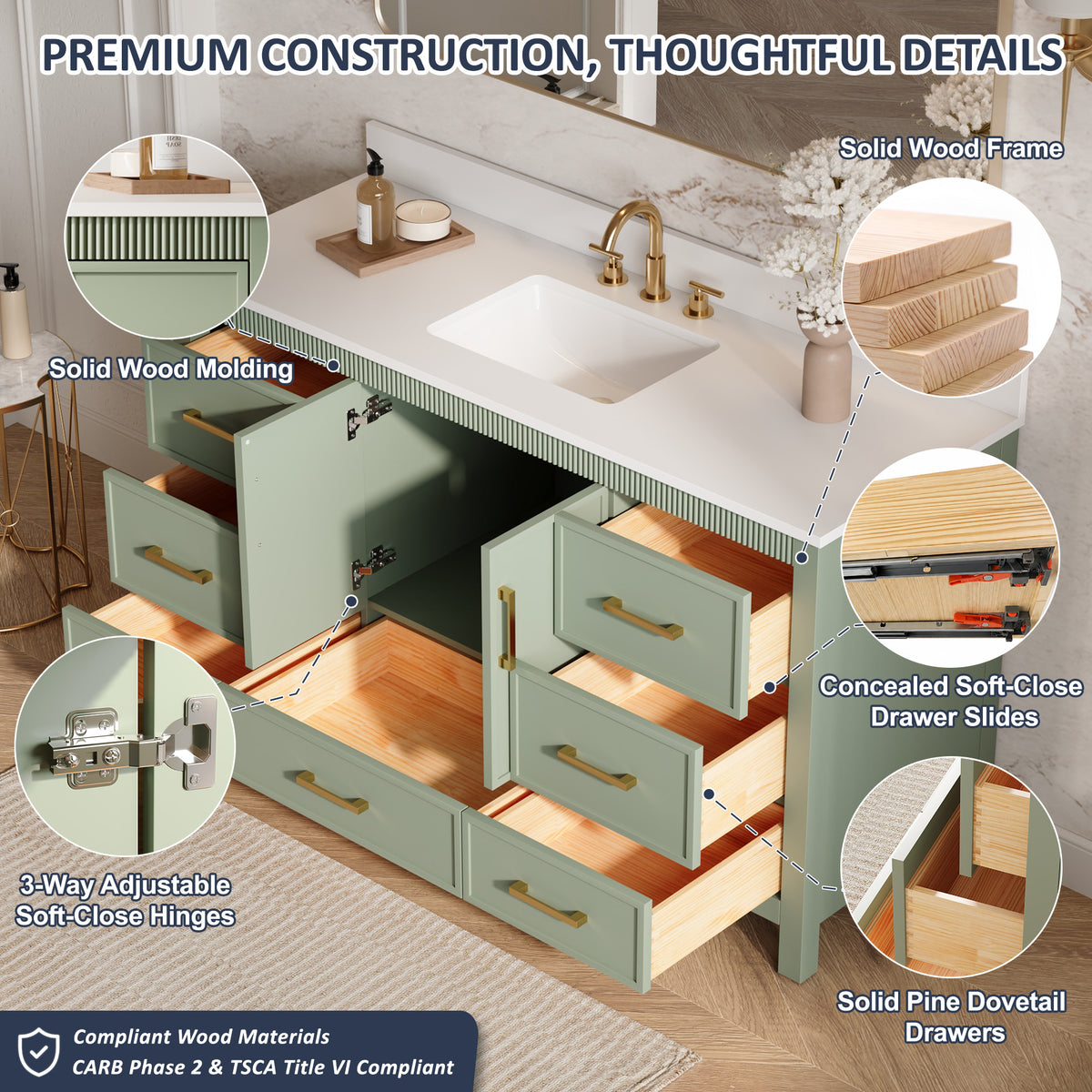 60 Inch Freestanding Solid Wood Bathroom Vanity with Pure White Quartz Countertop, 2 Soft-Close Doors & 7 Dovetail Drawers, SAGE GREEN