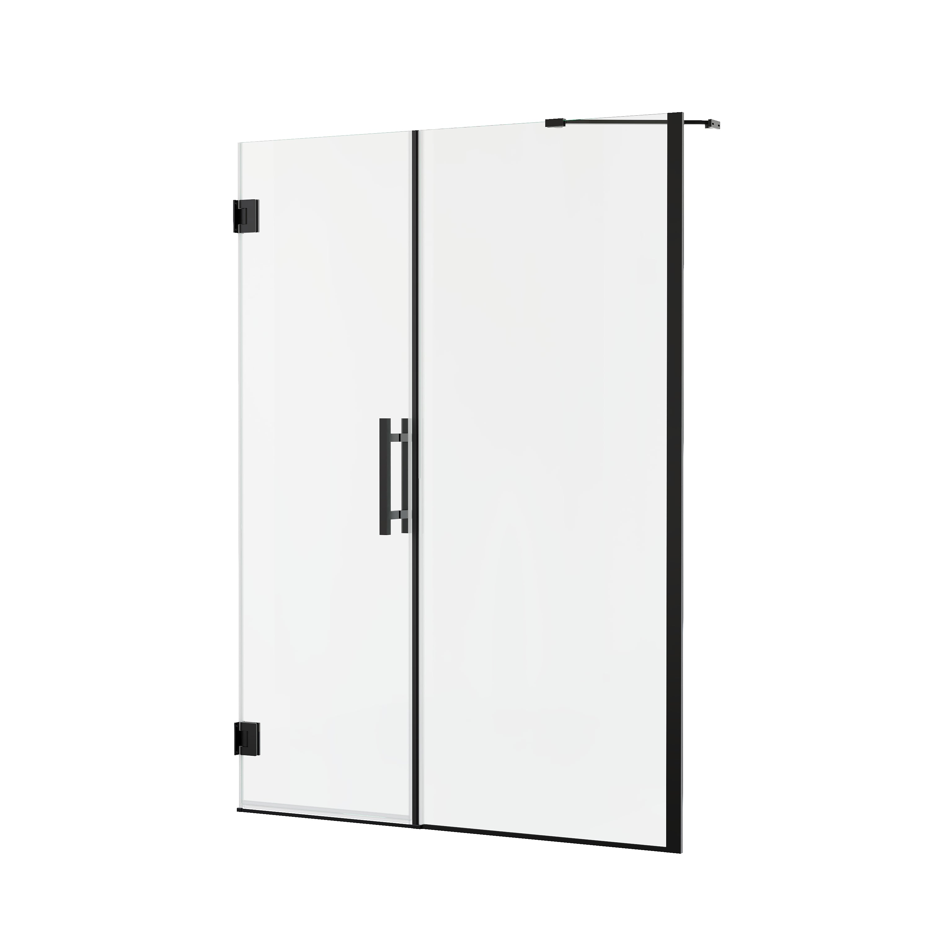 52–53 in. W x 72 in. H Frameless Hinged Shower Door with 3/8" Clear Tempered Glass and Fixed Glass Panel, Includes Support Bar