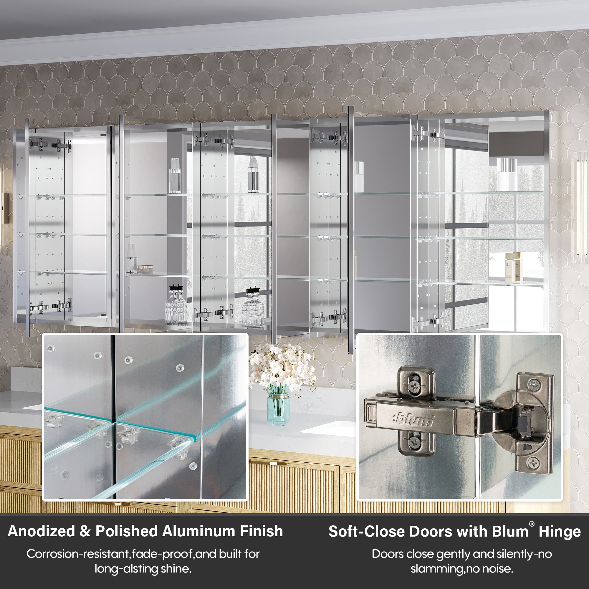 92 in.×32 in.H Copper-Free Mirror Medicine Cabinet with Soft-Close Blum® Hinges and 5 Doors