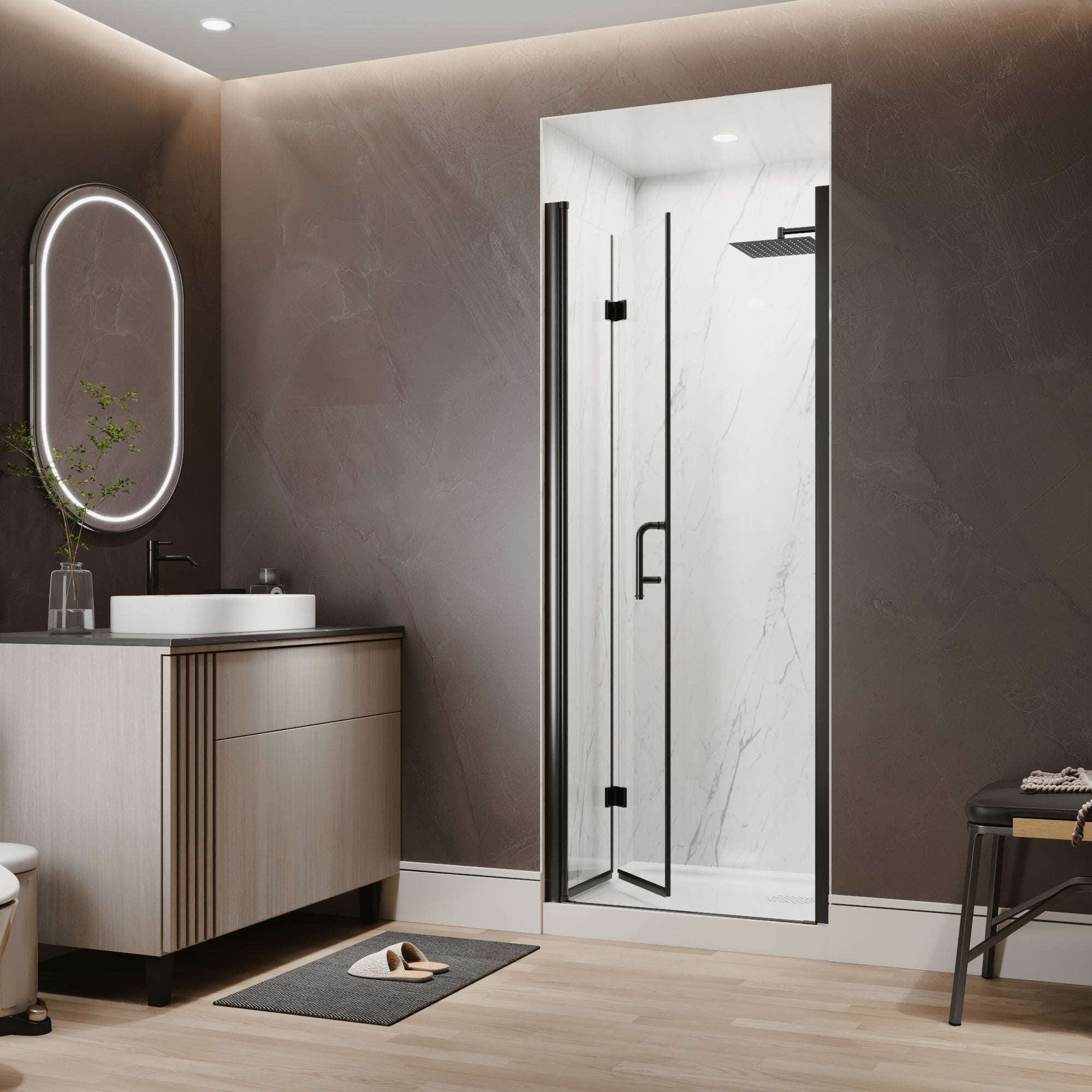 30-32 in. W x 72 in. H Modern Semi-Frameless 1/4 in. Tempered Glass Bifold Pivot Shower Door with Reversible Installation, Matte Black