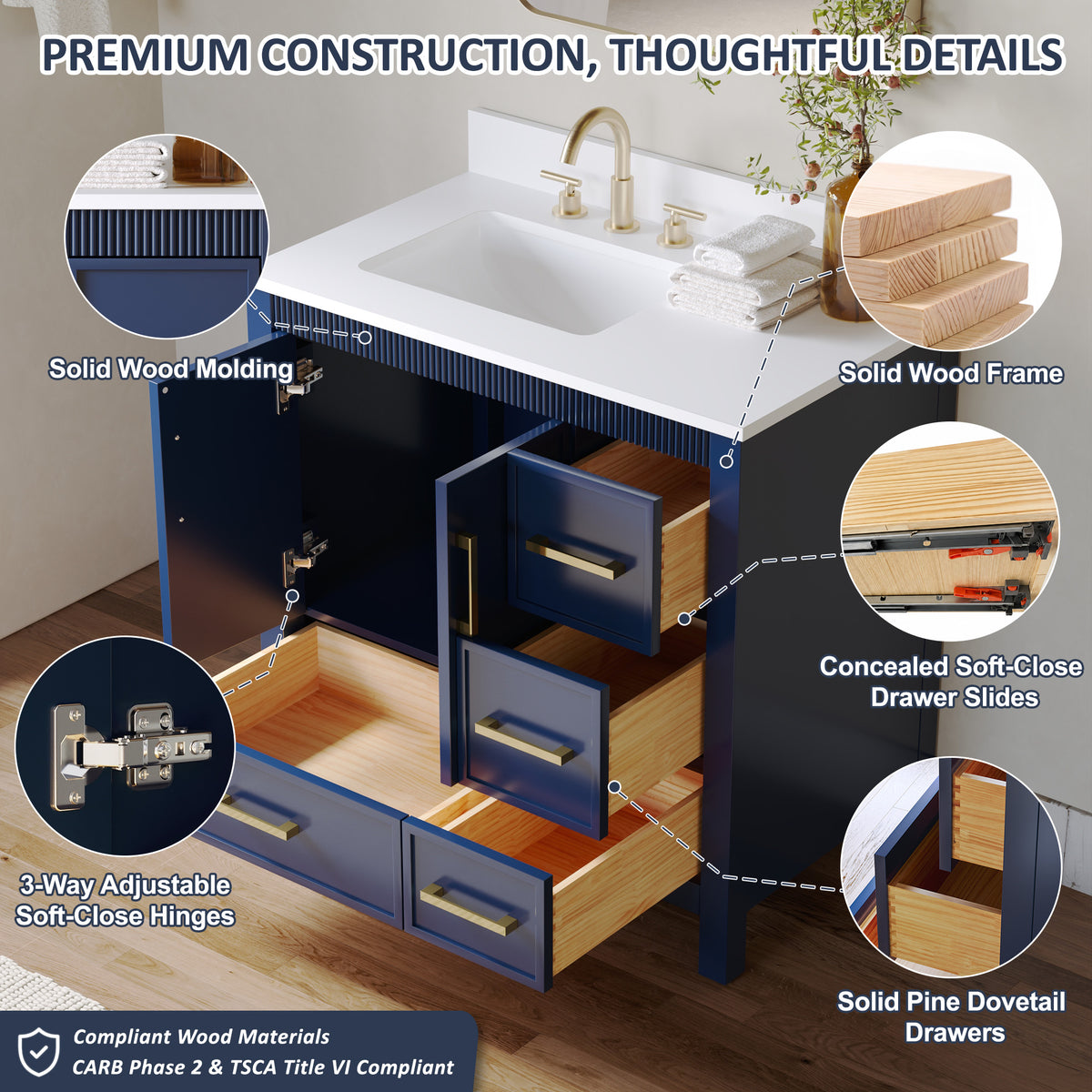 36 Inch Freestanding Solid Wood Bathroom Vanity with Fluted Molding, Pure White Quartz Countertop, Navy Blue
