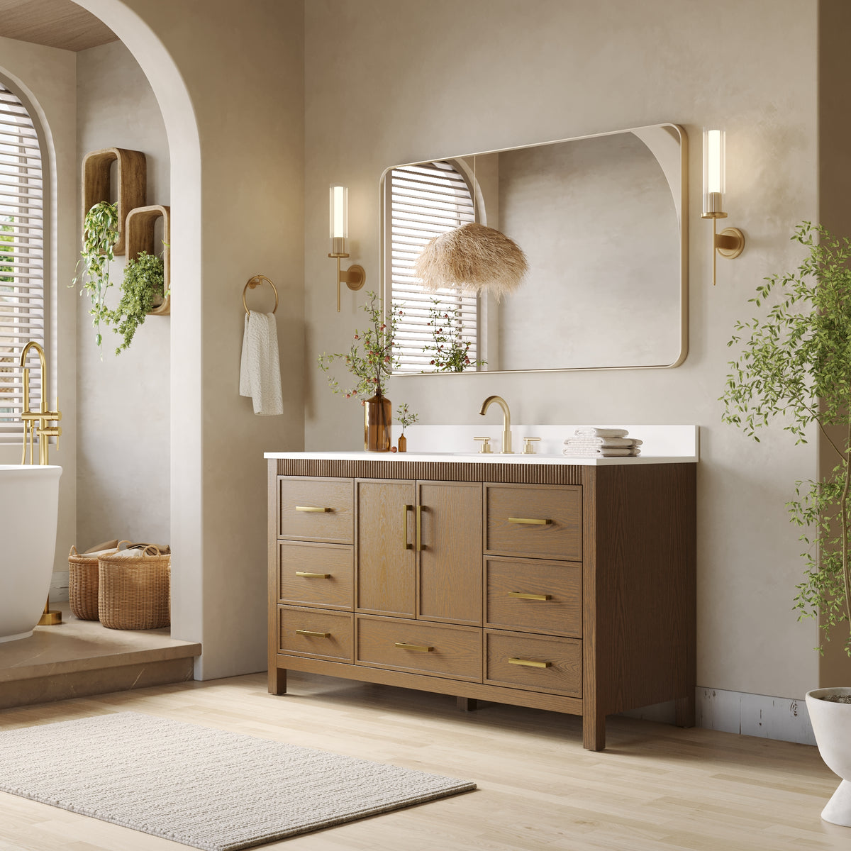 60 Inch Freestanding Solid Wood Bathroom Vanity with Pure White Quartz Countertop, 2 Soft-Close Doors & 7 Dovetail Drawers, Walnut
