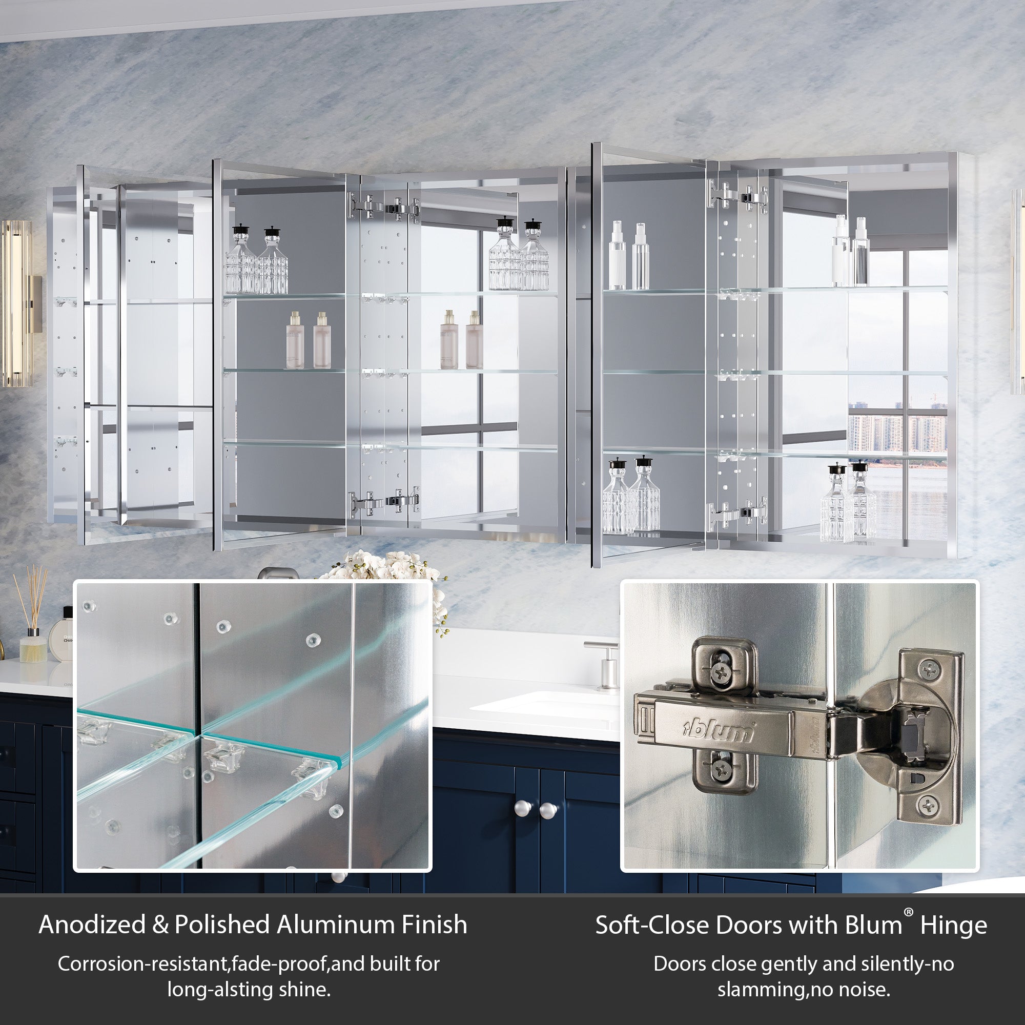 84 in.×30 in.H Aluminum Copper-Free Mirror Medicine Cabinet with Beveled Mirror Door and Open Shelf Storage Set