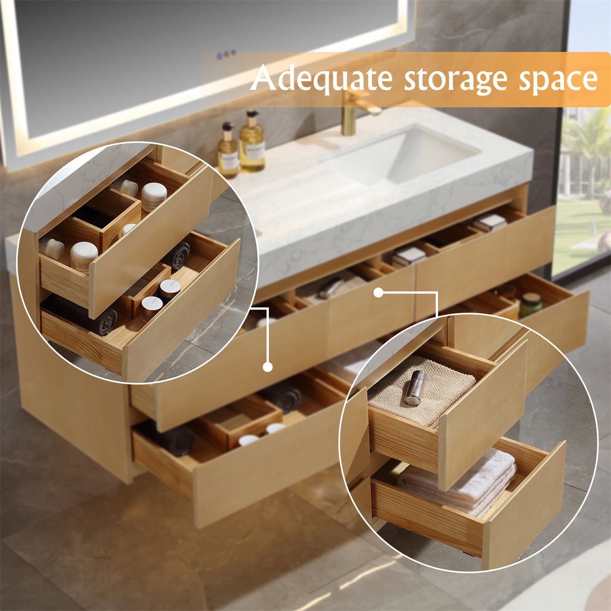 60" Modern Floating Maple Wood Bathroom Vanity Cabinet with LED Light and Double Basin
