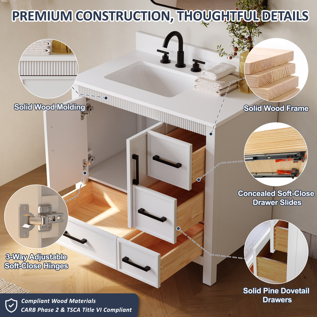 36 Inch Freestanding Solid Wood Bathroom Vanity with Fluted Molding, Pure White Quartz Countertop, White