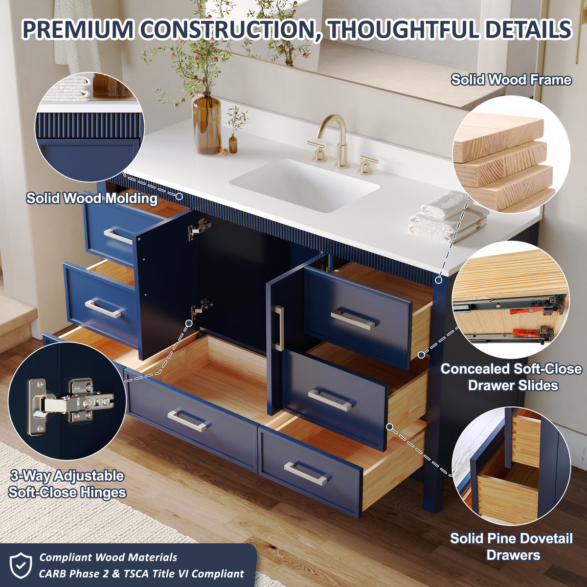 60 Inch Freestanding Solid Wood Bathroom Vanity with Pure White Quartz Countertop, 2 Soft-Close Doors & 7 Dovetail Drawers, Navy Blue