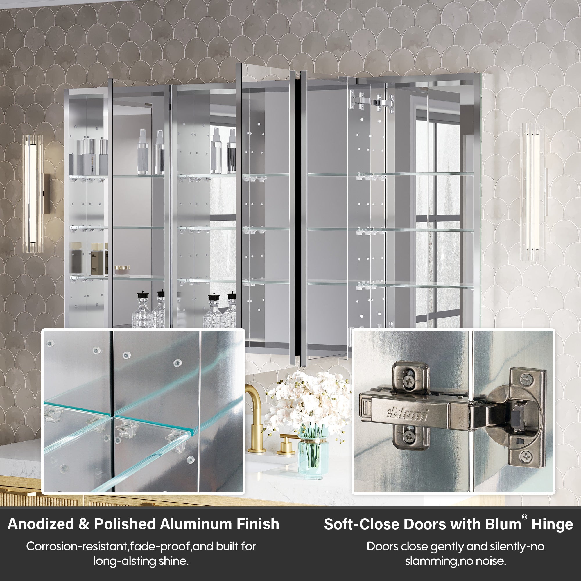 56 in.×32 in.H Aluminum Copper-Free Mirror Medicine Cabinet with Soft-Close Blum® Hinges and Recessed/Surface Mount