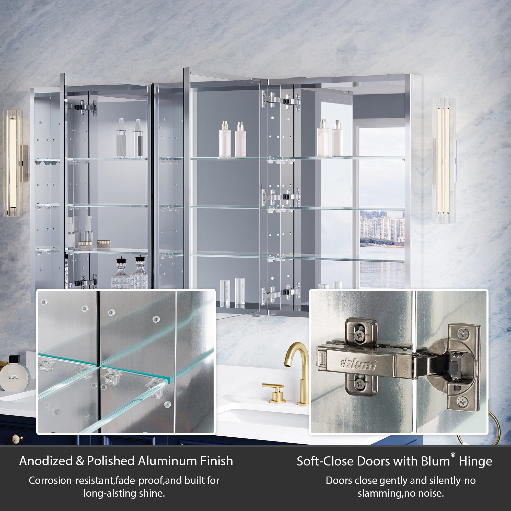 56 in.×30 in.H Aluminum Copper-Free Mirror Medicine Cabinet with Beveled Mirror Door, Recessed or Surface Mount, Adjustable Shelves