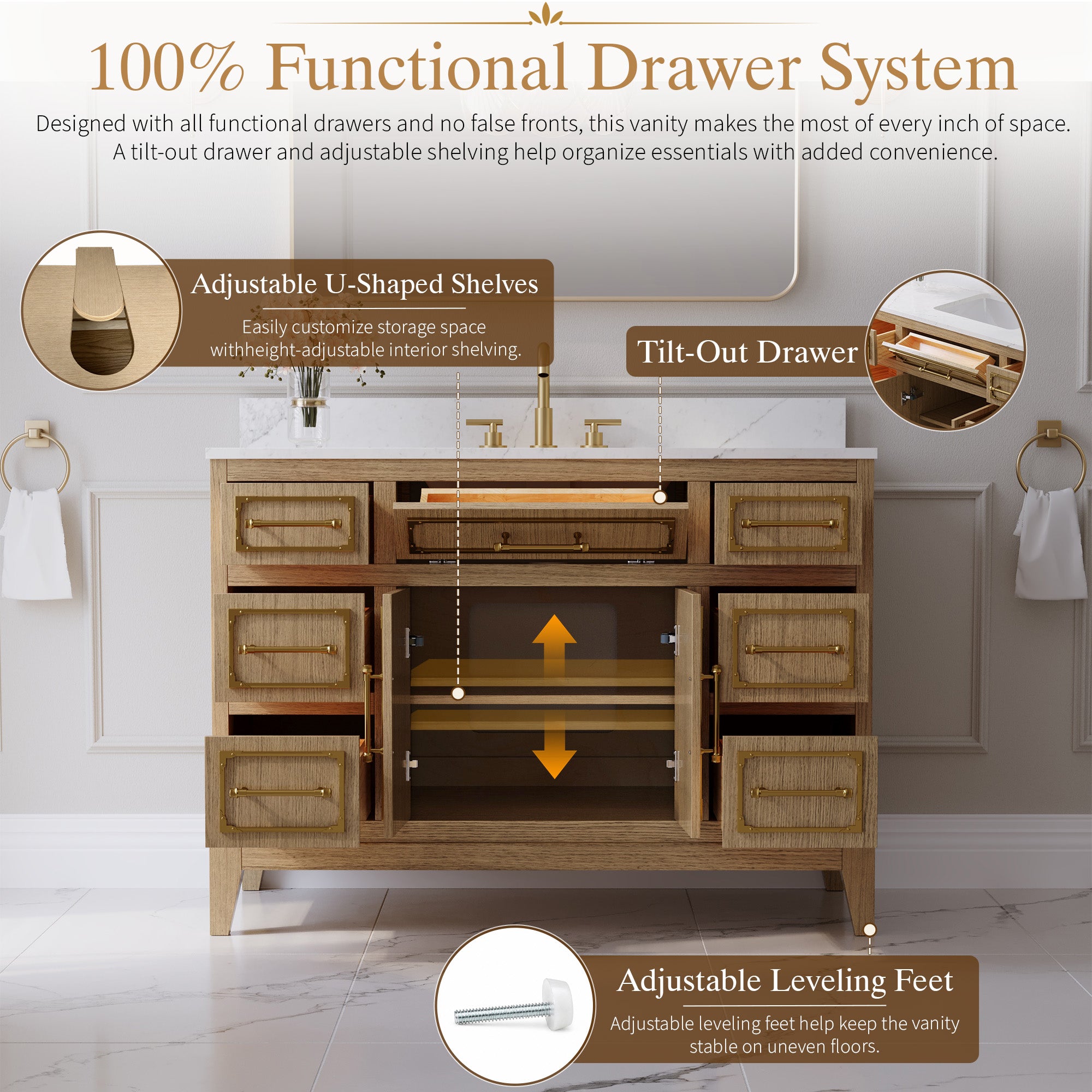 48 Inch Luxury Solid Oak Bathroom Vanity with Calacatta Quartz Countertop & Sink, 6 Soft-Close Drawers and 1 Flip Drawer