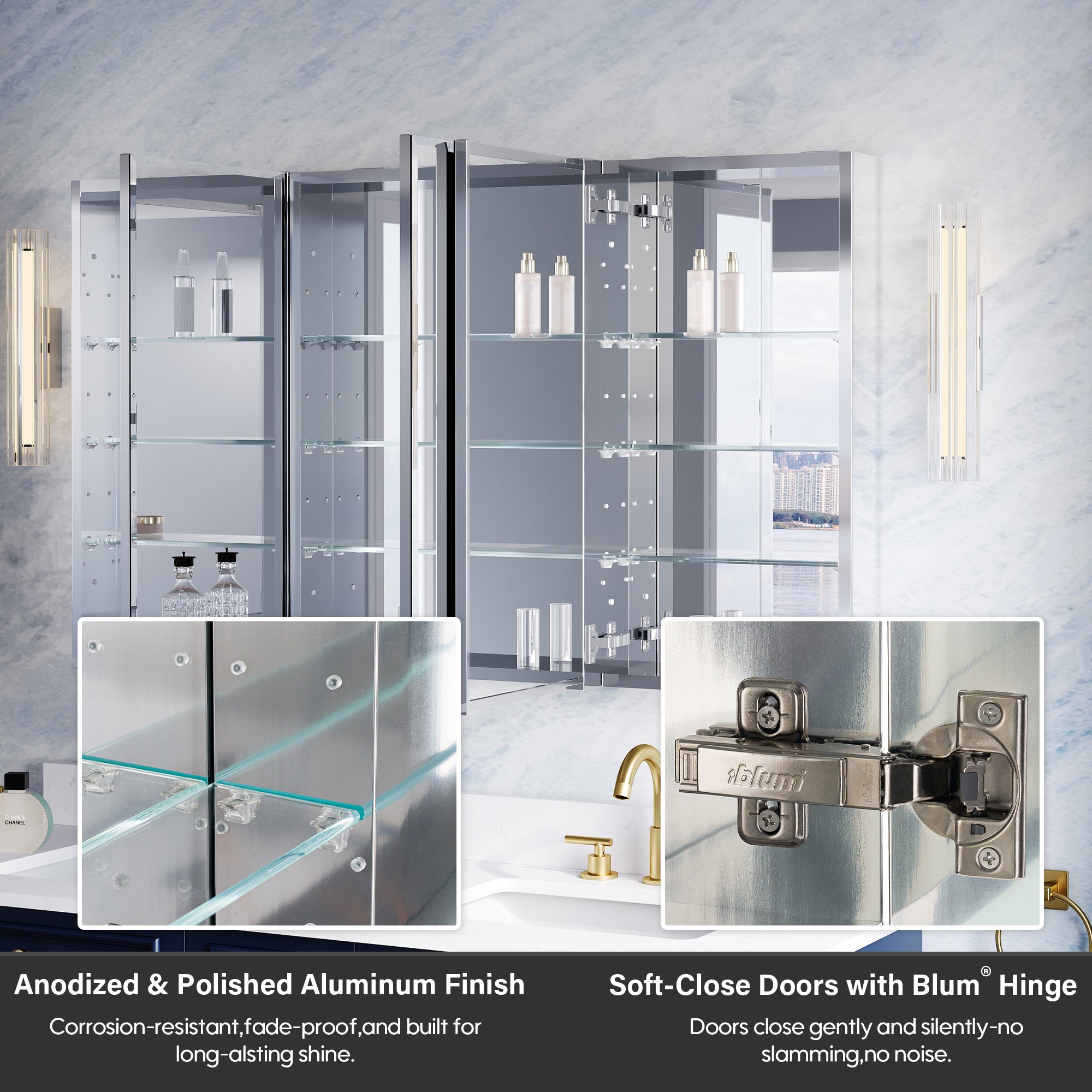 52 in.×30 in.H Aluminum Copper-Free Mirror Medicine Cabinet with Beveled Mirror Door, Recessed or Surface Mount, Adjustable Shelves