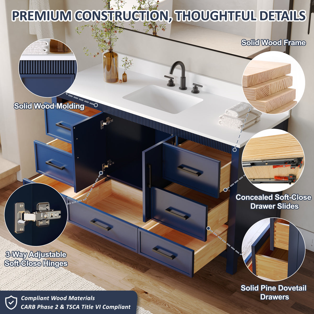 60 Inch Freestanding Solid Wood Bathroom Vanity with Pure White Quartz Countertop, 2 Soft-Close Doors & 7 Dovetail Drawers, Navy Blue