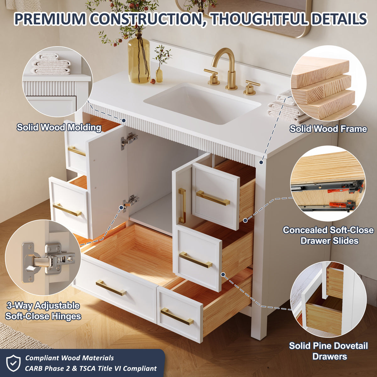 42 Inch Freestanding Solid Wood Bathroom Vanity with Fluted Molding, Pure White Quartz Countertop, White