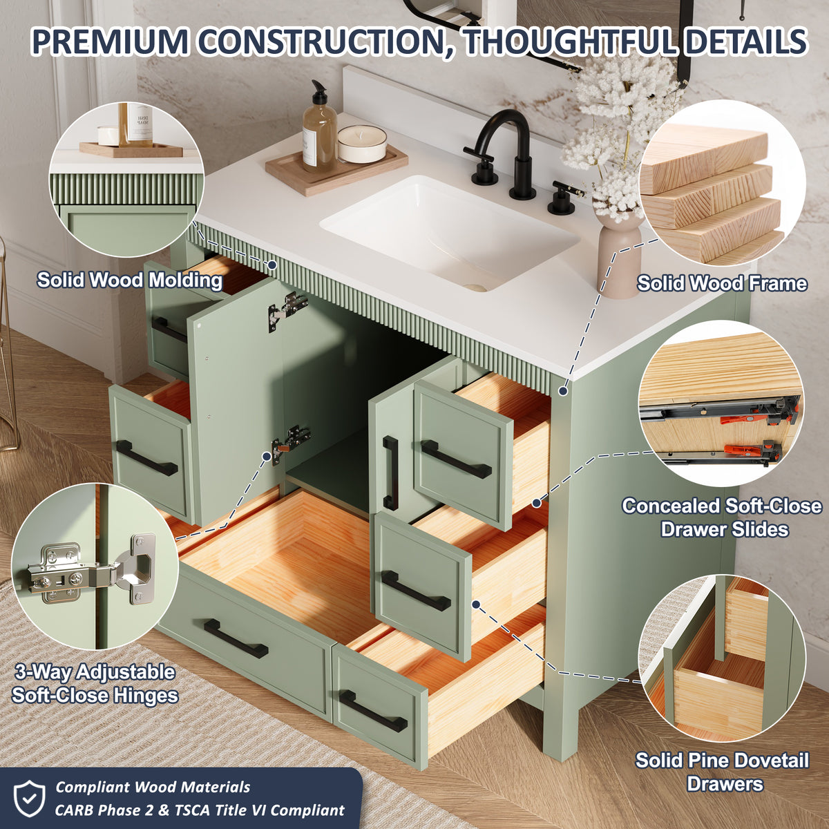 42 Inch Freestanding Solid Wood Bathroom Vanity with Fluted Molding, Pure White Quartz Countertop, SAGE GREEN