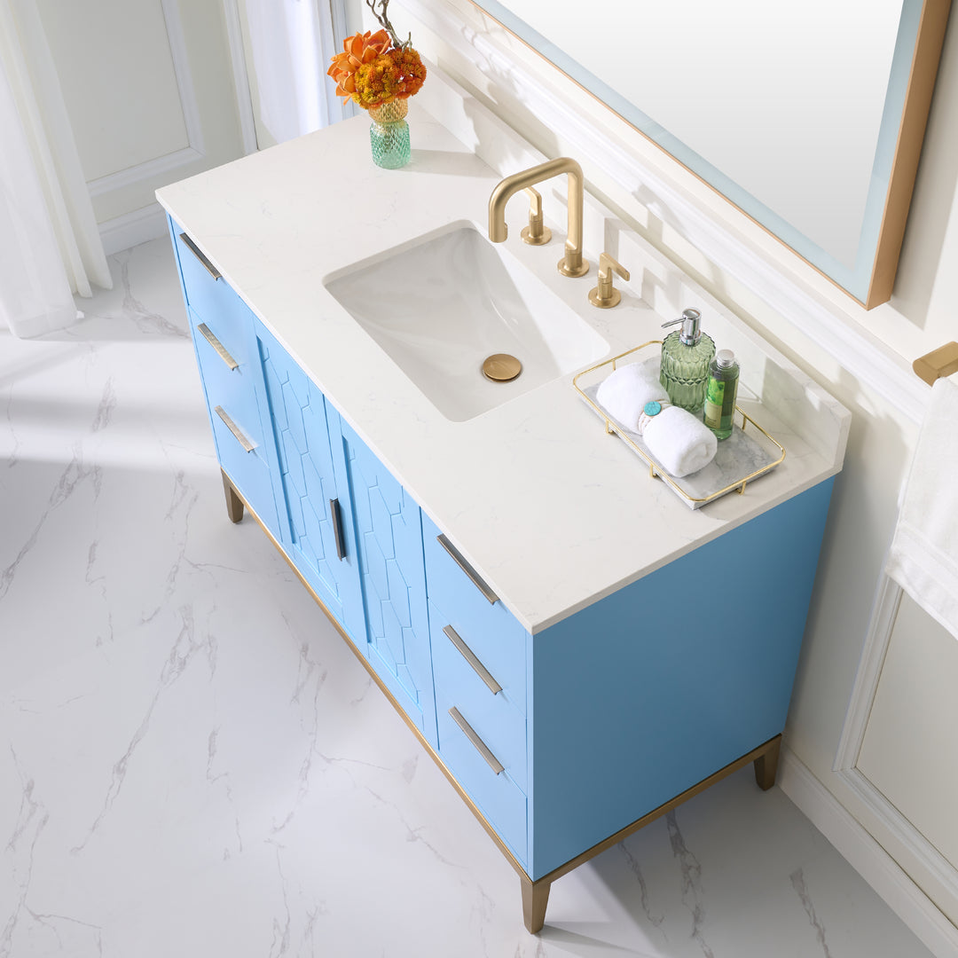48 in. W x 22 in. D x 35 in. H Bathroom Vanity in Light Blue with Carrara White Quartz Vanity Top with White Sink