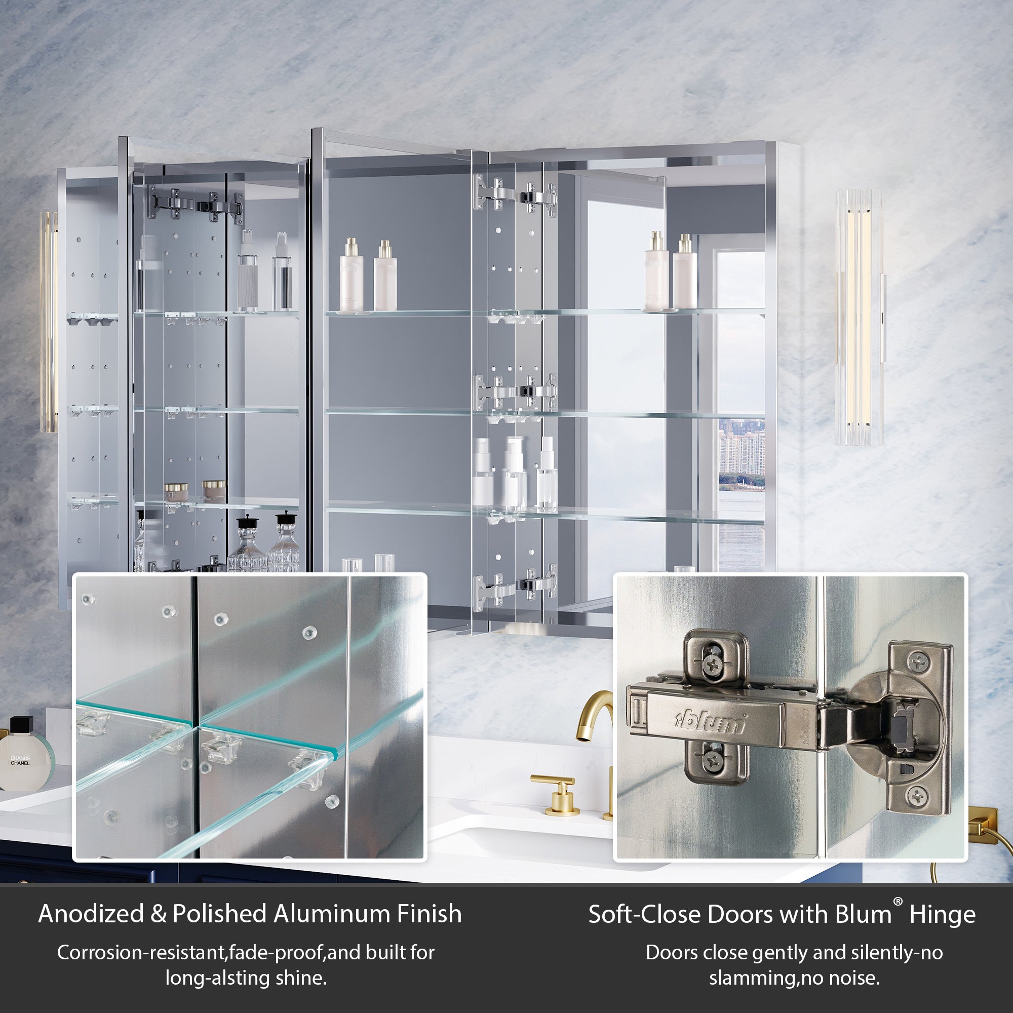 52 in.×30 in.H Copper-Free Mirror Medicine Cabinet with Beveled Mirror Door, Recessed or Surface Mount, Adjustable Shelves