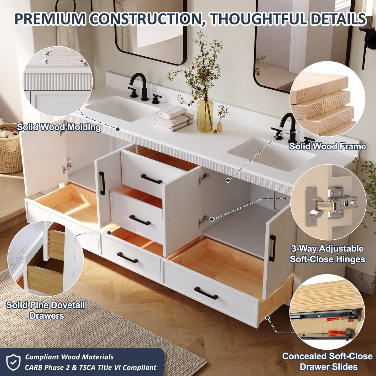 80 Inch Freestanding Solid Wood Bathroom Vanity with Pure White Quartz Countertop, 4 Soft-Close Doors & 5 Dovetail Drawers, White