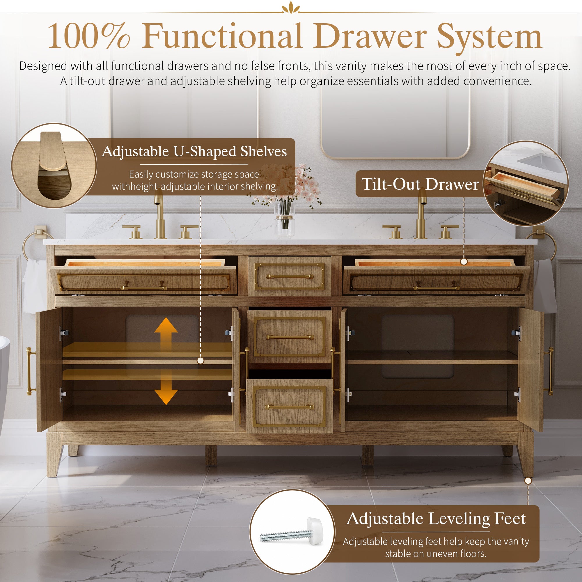 72 Inch Luxury Solid Oak Bathroom Vanity with Calacatta Quartz Countertop & Sinks, 3 Soft-Close Drawers and 2 Flip Drawers