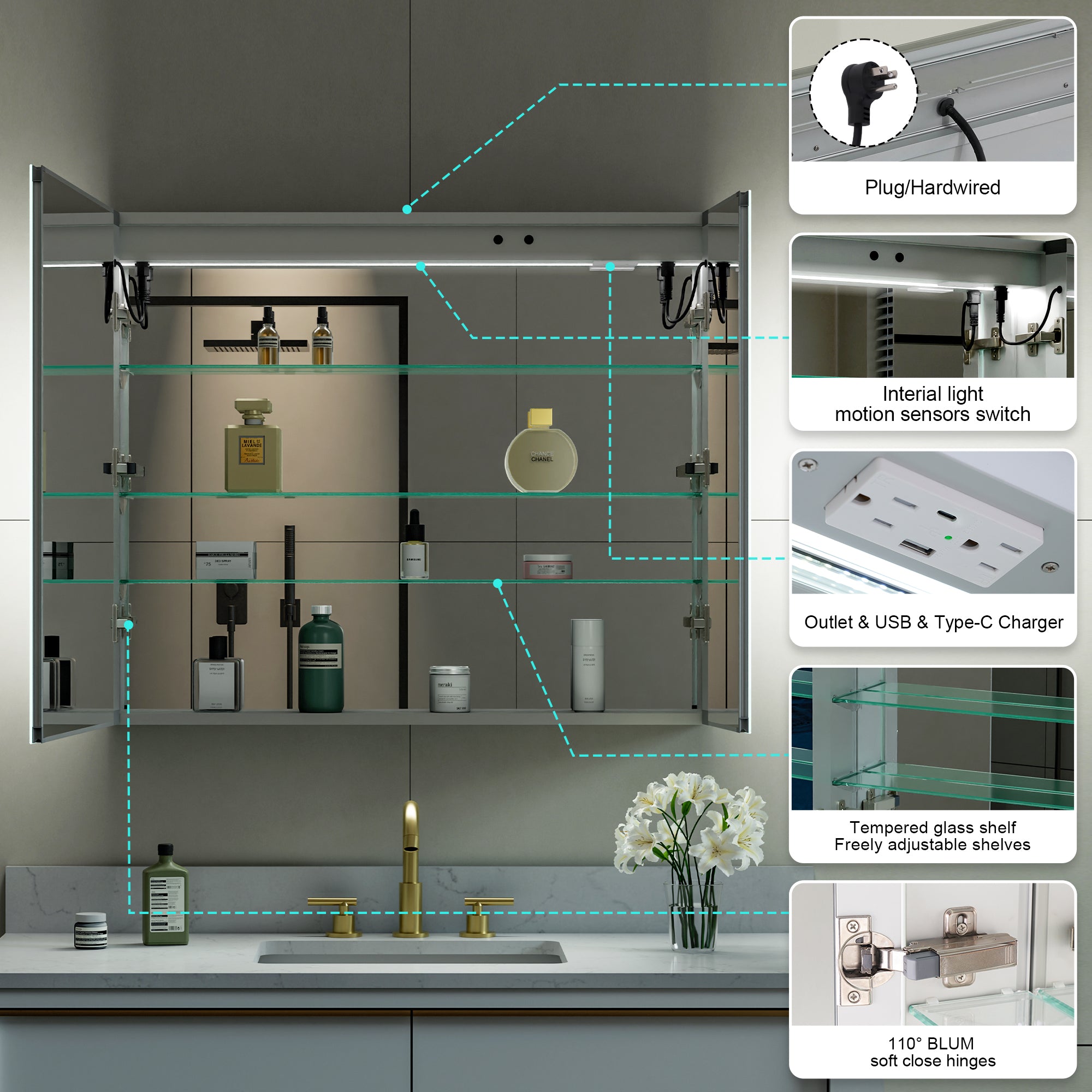 36 in. x 30 in. LED Lighted Surface/Recessed Mount Mirror Medicine Cabinet with Outlet