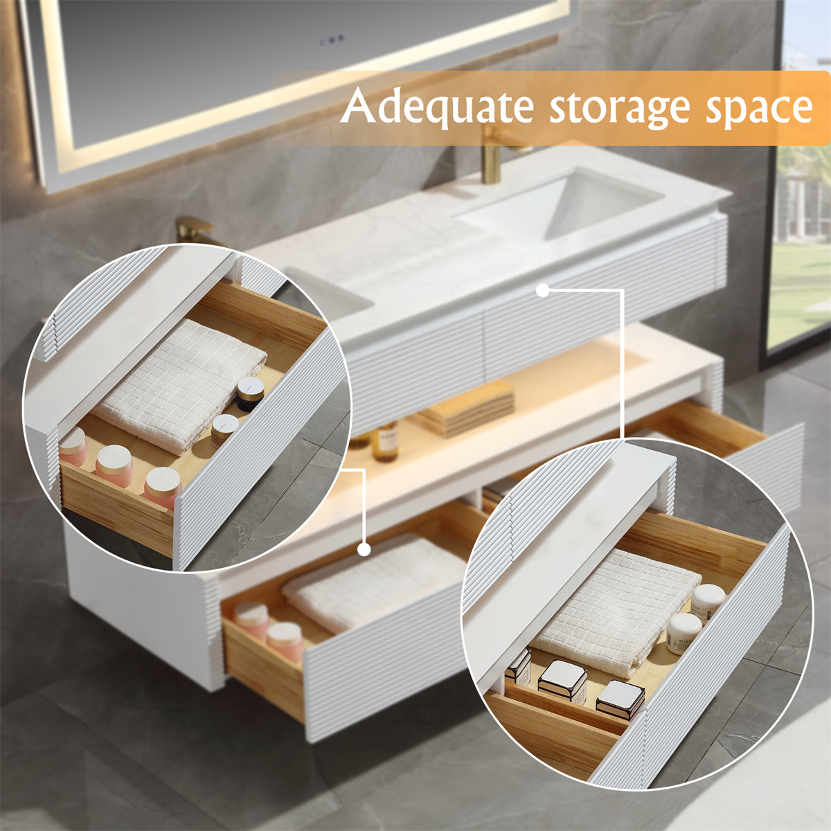 48" Floating Bathroom Vanity Set in White with Lights and White Marble Countertop with Double Basin