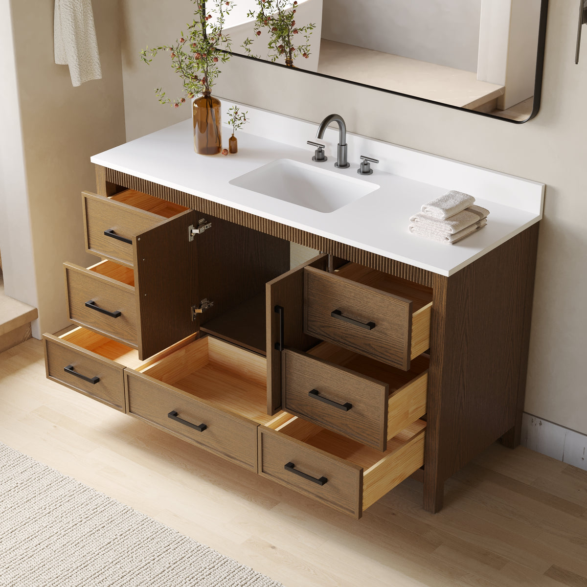 60 Inch Freestanding Solid Wood Bathroom Vanity with Pure White Quartz Countertop, 2 Soft-Close Doors & 7 Dovetail Drawers, Walnut