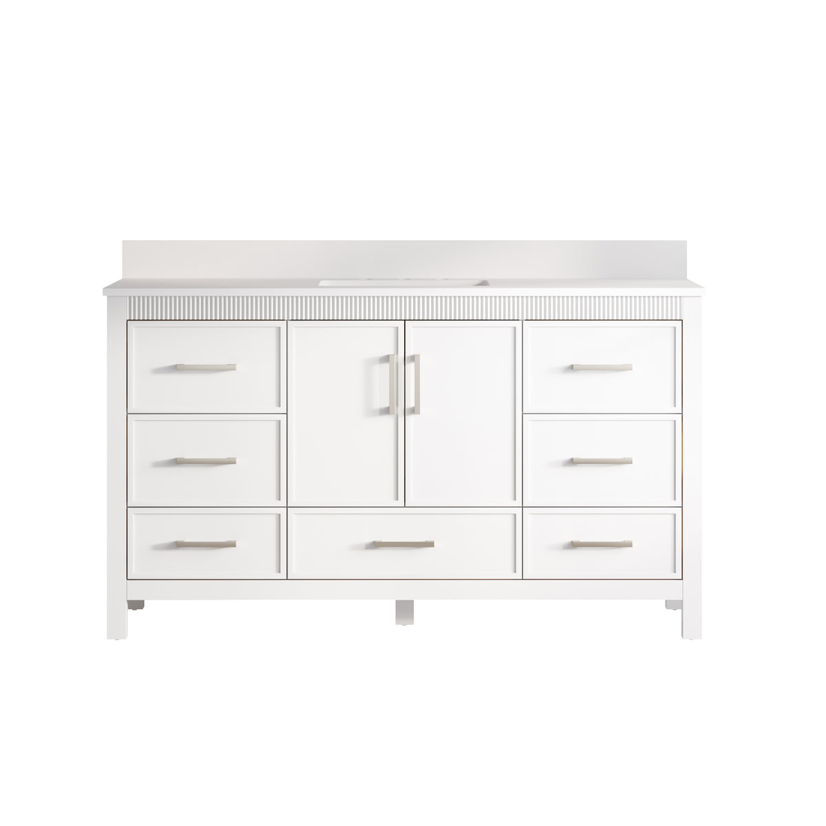 60 Inch Freestanding Solid Wood Bathroom Vanity with Pure White Quartz Countertop, 2 Soft-Close Doors & 7 Dovetail Drawers, White