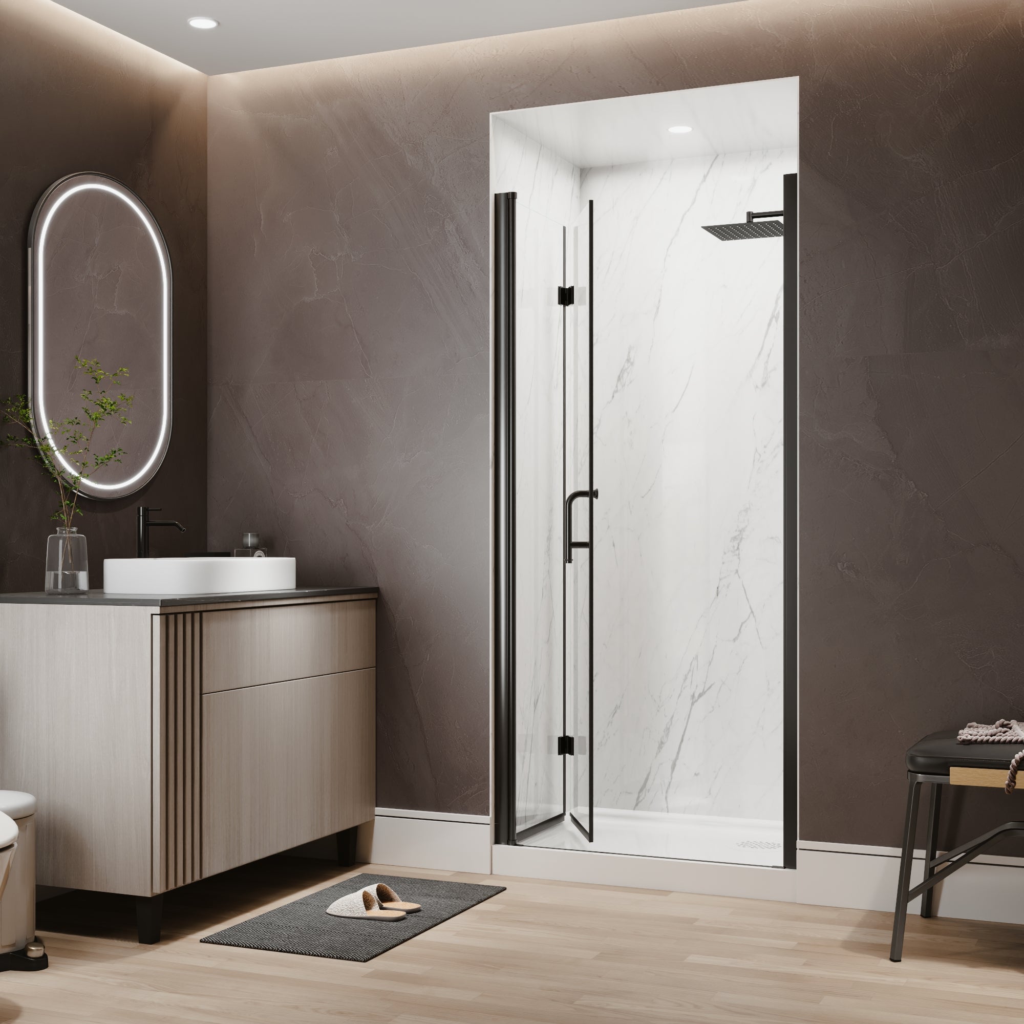 34-36 in. W x 72 in. H Modern Semi-Frameless 1/4 in. Tempered Glass Bifold Pivot Shower Door with Reversible Installation, Matte Black