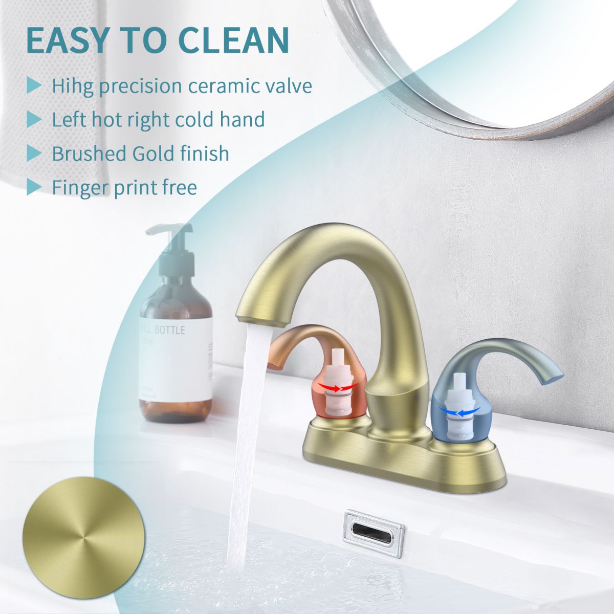 Bathroom Faucet 2 Handle Brushed Gold Swan Style 4 Inch Centerset with Drain