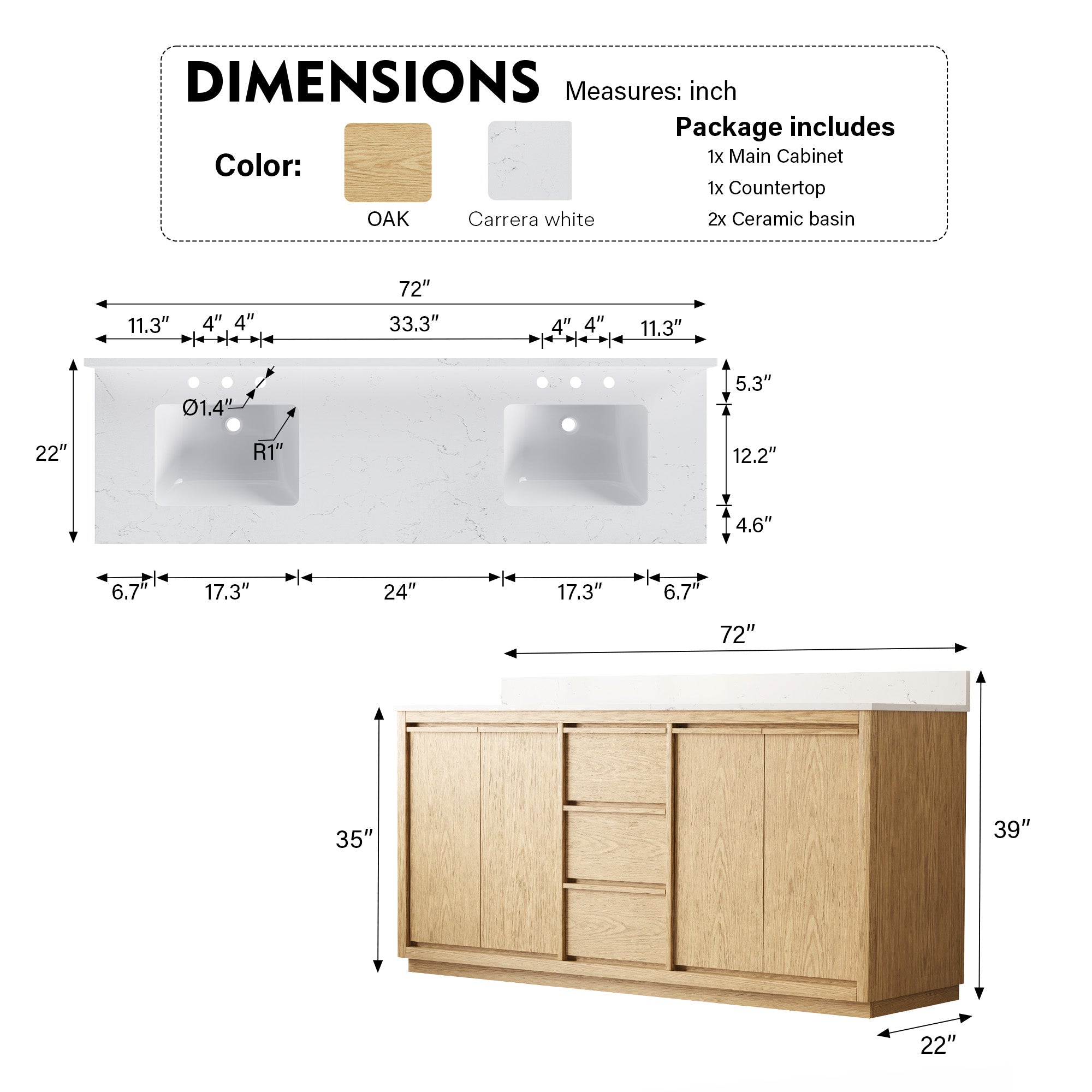 72 Inch Oak Soild Wood Bathroom Vanity with Double Undermount Sinks, 3 Dovetail-constructed Drawers and 4 Soft-close Doors