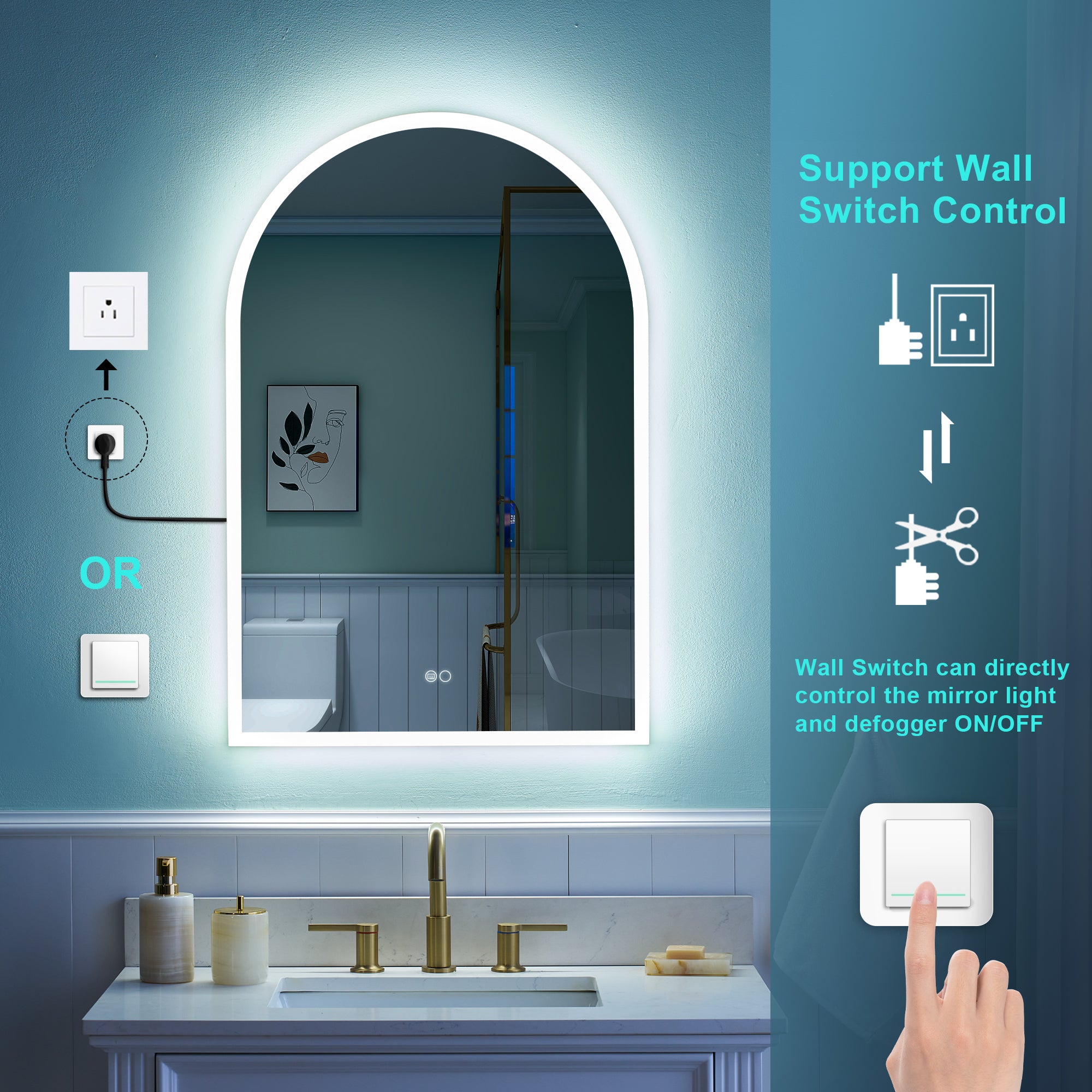 24x36 Inch Frameless LED Bathroom Vanity Mirror Arched Top– Dimmable, Anti-Fog, Wall-Mounted