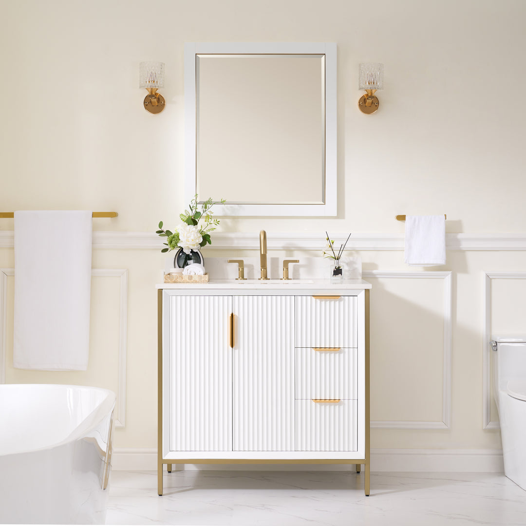 36" Bathroom Vanity in White with Quartz Vanity Top in Carrara