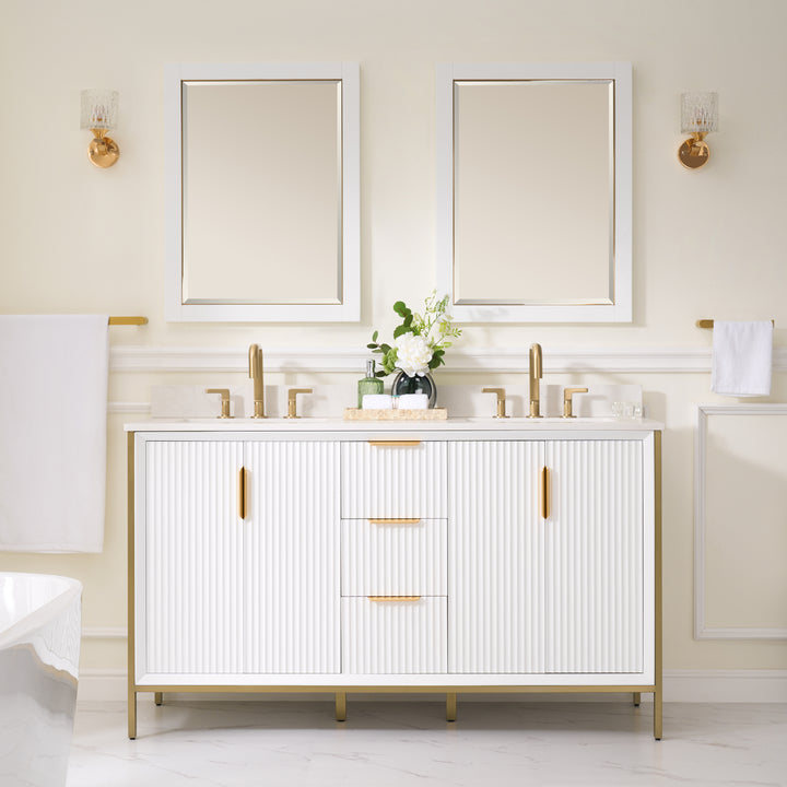 60" Bathroom Vanity in White with Quartz Vanity Top in Carrara