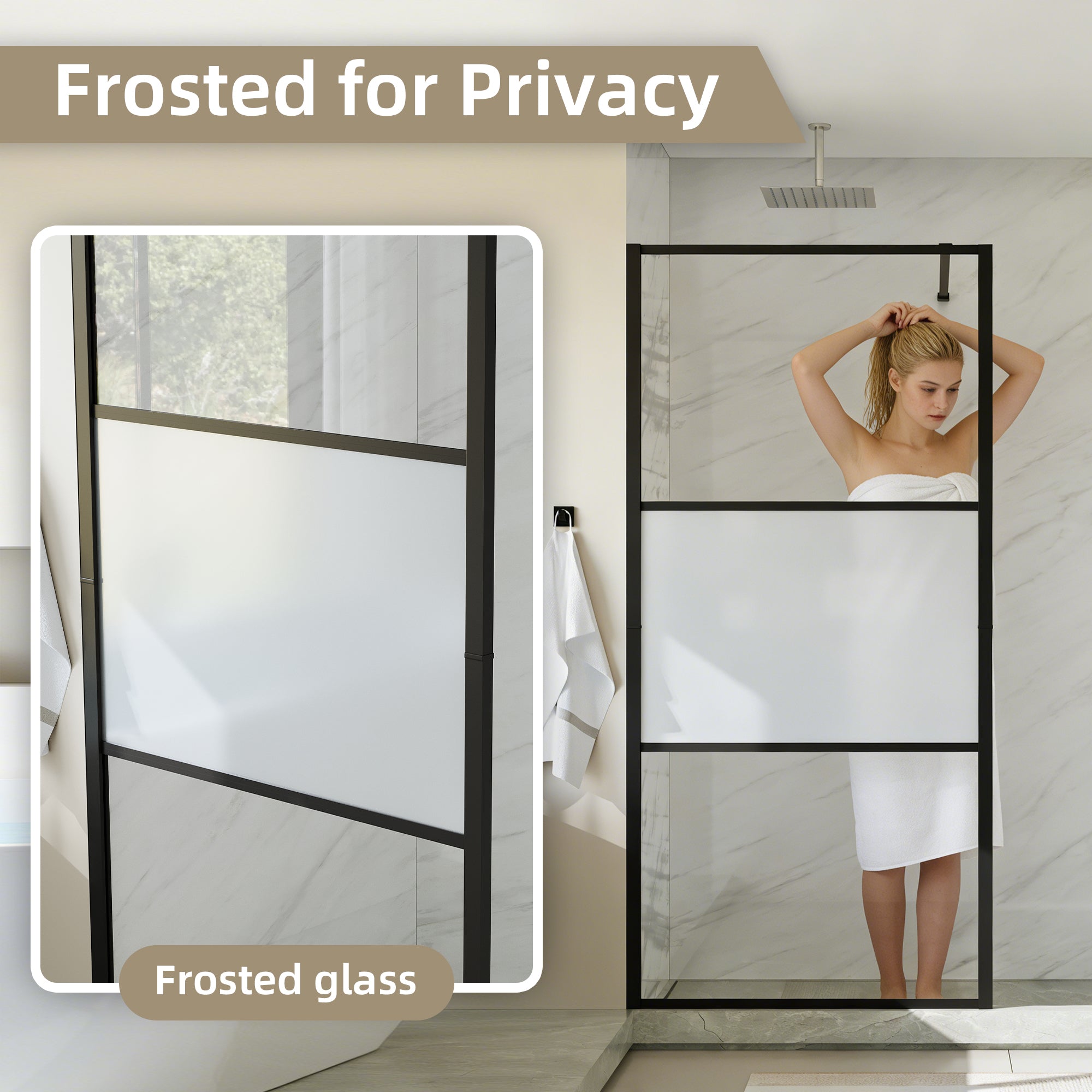 33 5/8-34” x 72” Frosted Tempered Glass Shower Door Panel, Fixed Walk-In Shower Screen with Matte Black Frame