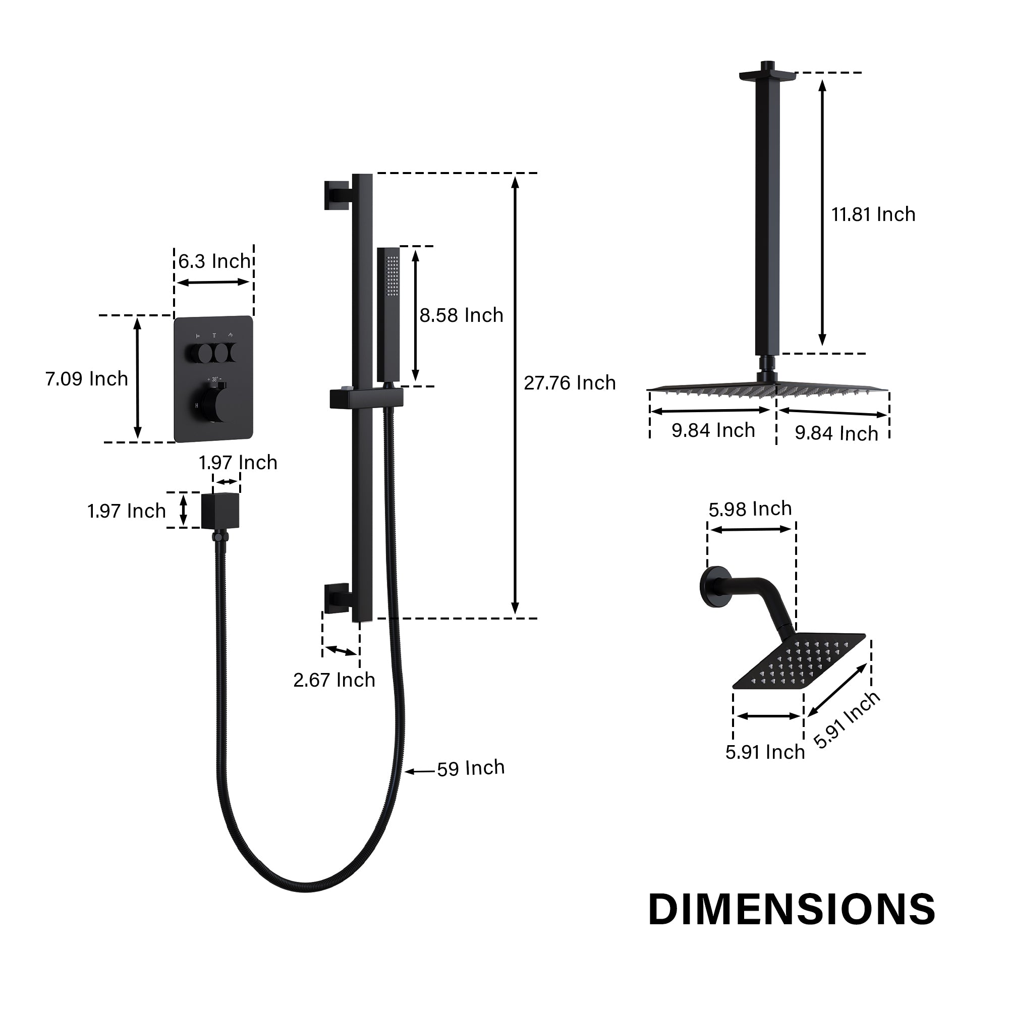 3-Function Thermostatic Stainless Steel Shower System with Dual Mounting Options Wall-Mounted & Ceiling-Mounted, Sliding Bar, 10" Square Overhead Shower