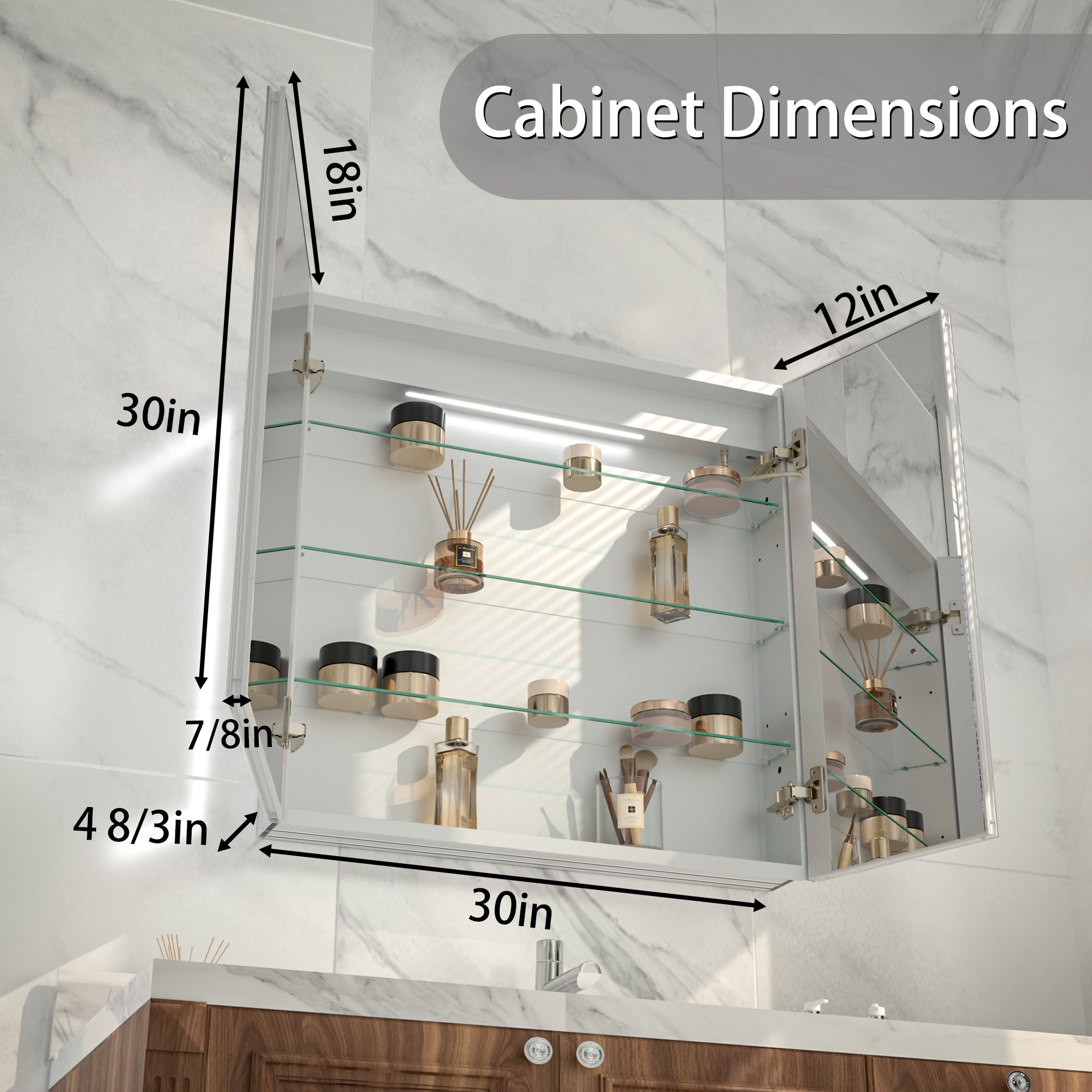 30 in. x 30 in. Recessed/Surface Mount Medicine Cabinet with Mirror and LED Light, All-Plastic Cabinet Body