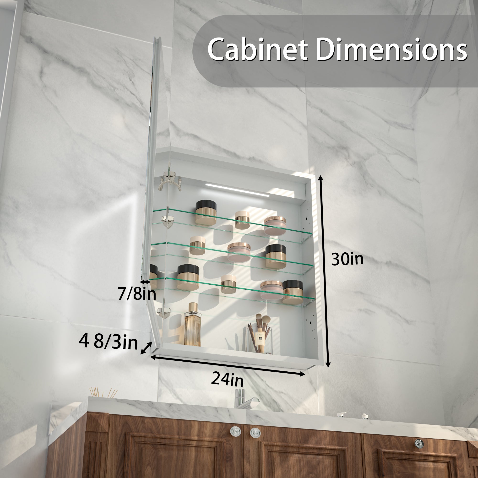 24 in. x 30 in. Recessed/Surface Mount Left Medicine Cabinet with Mirror and LED Light, All-Plastic Cabinet Body