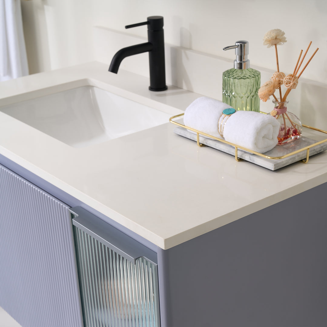 40 in. Modern Style Floating Bathroom Vanity in Lavender with White Quartz Vanity Top with White Sink