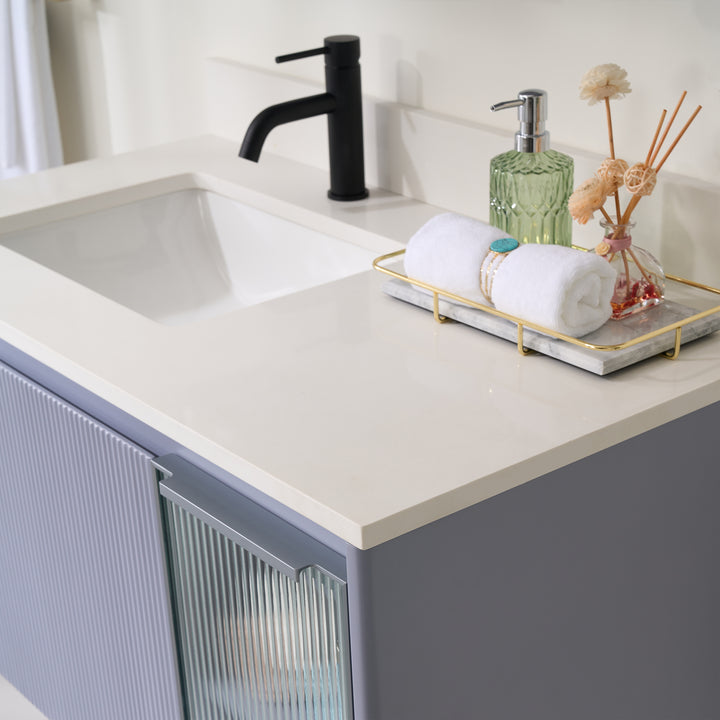 40 in. Modern Style Floating Bathroom Vanity in Lavender with White Quartz Vanity Top with White Sink