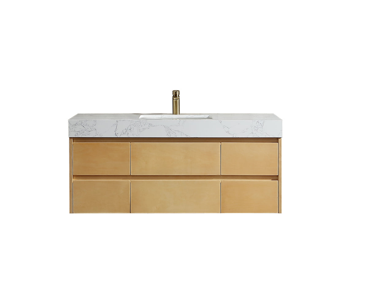 48" Modern Floating Maple Wood Bathroom Vanity Cabinet with LED Light and Stone Slab Countertop