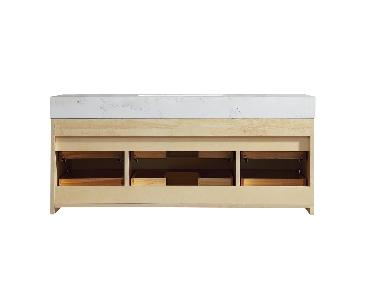 48" Modern Floating Maple Wood Bathroom Vanity Cabinet with LED Light and Stone Slab Countertop