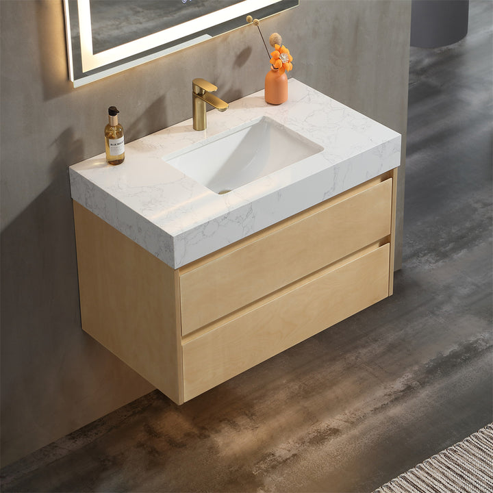 36" Modern Floating Maple Wood Bathroom Vanity Cabinet with LED Light and Stone Slab Countertop