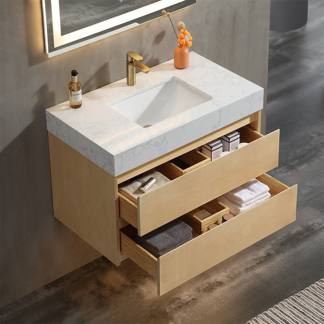 36" Modern Floating Maple Wood Bathroom Vanity Cabinet with LED Light and Stone Slab Countertop