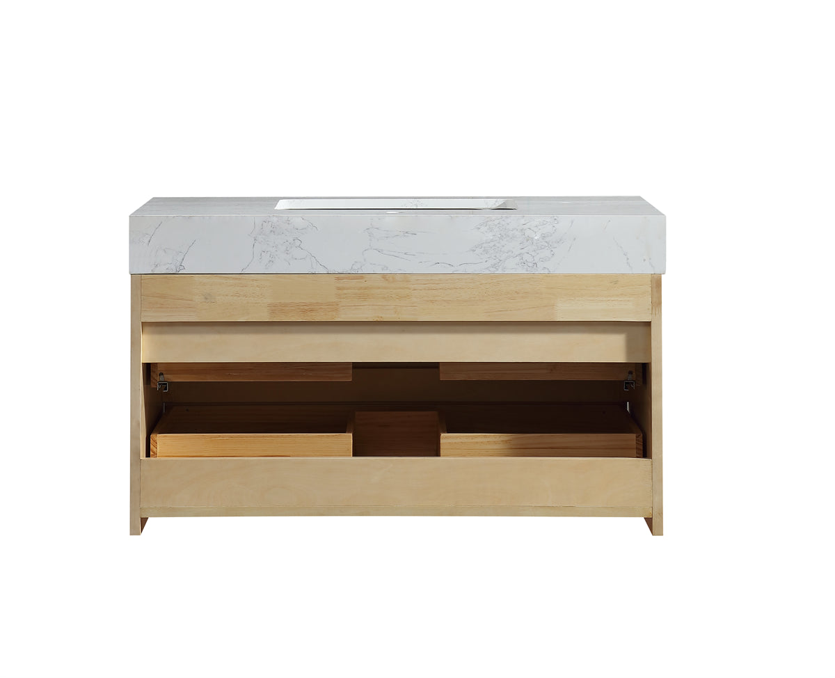 36" Modern Floating Maple Wood Bathroom Vanity Cabinet with LED Light and Stone Slab Countertop